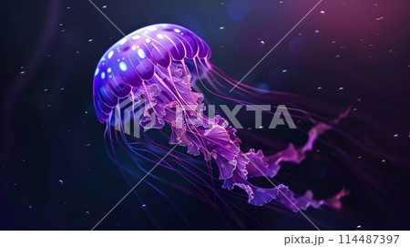 Majestic Purple Jellyfish Gliding Peacefully in Dark Ocean Waters, Underwater Aesthetic, Marine Life Elegance Captured for Stock Photo Use. AI 114487397