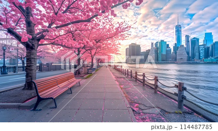Serene Cityscape with Blossoming Cherry Trees along a Peaceful Promenade. Urban Springtime Scene. Vibrant Colors. Perfect for Background or Wallpaper. AI 114487785