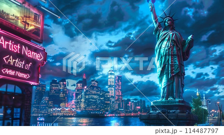 Vibrant Night Cityscape with Illuminated Landmarks and Neon Signs. Statue of Liberty and Skyline. Artistic Urban Scenery. AI 114487797