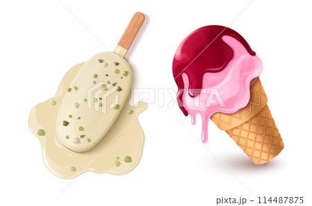 Melted ice cream in waffle cup and on stick. 114487875