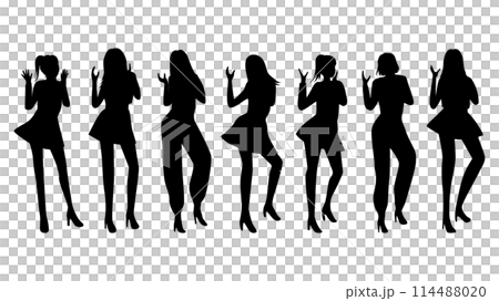 Silhouettes of seven women dancing side by side 114488020