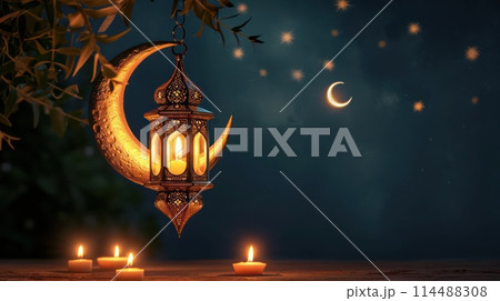 Arabic lantern and crescent moon, Ramadan Kareem background. Generative AI Arabic lantern and crescent moon, Ramadan Kareem background. Generative AI 114488308