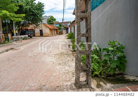 ベトナムハノイ　国家文化財に指定されたドンラム村の路地に立つ電柱 114488482