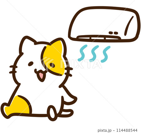 クーラーの冷風で涼むかわいいねこのキャラクターのデフォルメイラスト クーラーの冷風で涼むかわいいねこのキャラクターのデフォルメイラスト 114488544