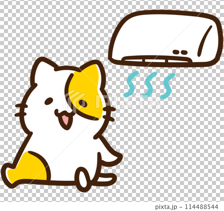 クーラーの冷風で涼むかわいいねこのキャラクターのデフォルメイラスト クーラーの冷風で涼むかわいいねこのキャラクターのデフォルメイラスト 114488544