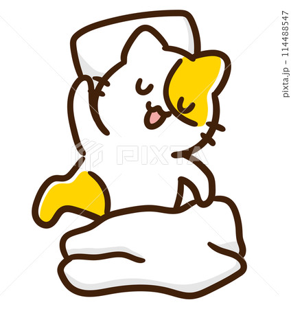 寝相が悪いかわいいねこのキャラクターのコミカルなイラスト 114488547