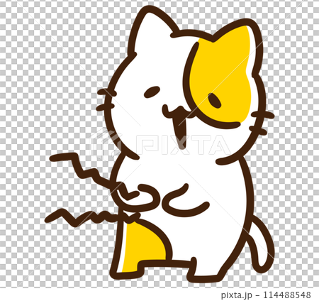 一個可愛的貓角色的滑稽插圖,它的肚子因飢餓而咕咕叫。 一個可愛的貓角色的滑稽插圖,它的肚子因飢餓而咕咕叫。 114488548