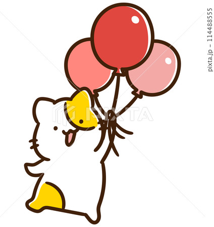 風船を持って空を飛ぶかわいいねこのキャラクターのデフォルメイラスト