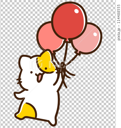 風船を持って空を飛ぶかわいいねこのキャラクターのデフォルメイラスト