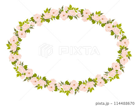 Romantic floral oval frame, elegant pastel pink flowers, buds and green leaves. A wreath of summer flowers for a wedding invitation in Provence style. Vector flat illustration. 114488670