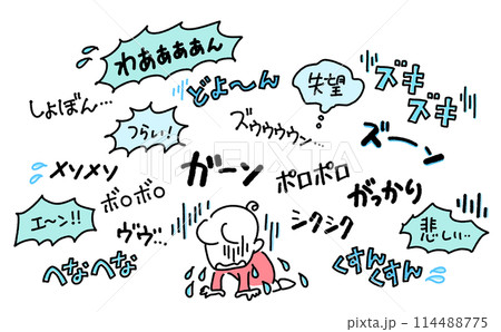 号泣する女性と悲しい感情のオノマトペ　手書き文字　擬音語 114488775