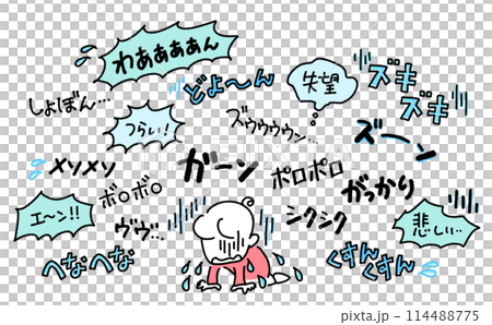 号泣する女性と悲しい感情のオノマトペ　手書き文字　擬音語 114488775