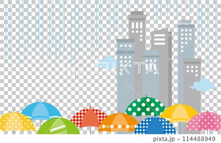 多雨的城市建築和彩色圖案雨傘的插圖 114488949