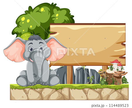 Cute Elephant with Blank Wooden Sign Cute Elephant with Blank Wooden Sign 114489523