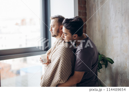 two handsome homosexual guys while standing near window 114489654