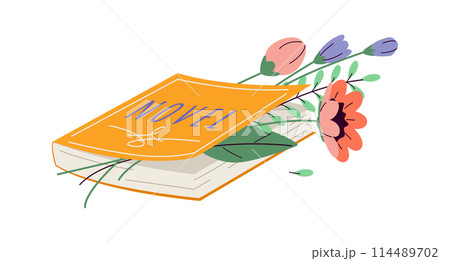 Yellow flower on history textbook 2D cartoon objects Yellow flower on history textbook 2D cartoon objects 114489702