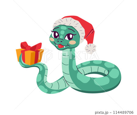 Friendly snake in Santa hat with gift 2D cartoon character 114489706