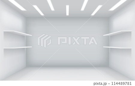 Empty shop with shells on walls realistic 3d illustration Empty shop with shells on walls realistic 3d illustration 114489781