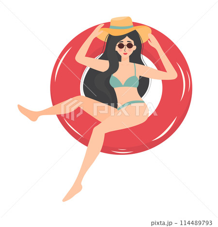 Beautiful girl in swimsuit and hat lying on an inflatable ring. Woman relaxing and sunbathing. Summer vacation, holiday, travel, leisure. 114489793