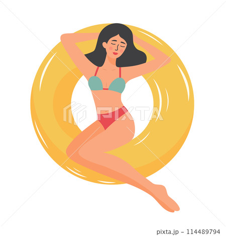 Beautiful girl in swimsuit lying on an inflatable ring. Woman relaxing and sunbathing. Summer vacation, holiday, travel, leisure. Beautiful girl in swimsuit lying on an inflatable ring. Woman relaxing and sunbathing. Summer vacation, holiday, travel, leisure. 114489794