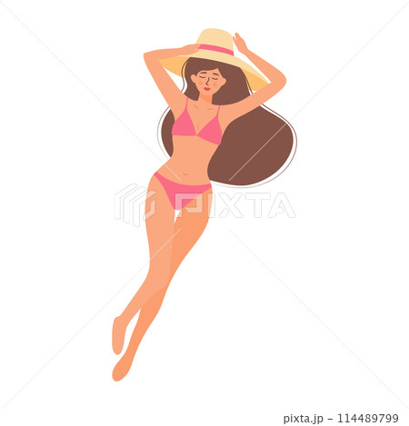 Beautiful girl in swimsuit and hat lying. Woman relaxing and sunbathing. Summer vacation, holiday, travel, leisure. 114489799