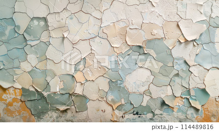Aged Mosaic Wall Texture With Peeling Paint In Rustic pastel Neutral Tones. Abstract background of old pieces 114489816