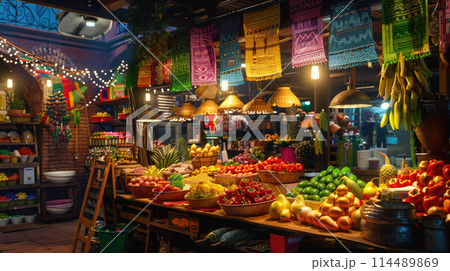 Colorful Mexican Street Food Market At Night. Festive Cinco de Mayo Decorations. Assortment Of Traditional Food Colorful Mexican Street Food Market At Night. Festive Cinco de Mayo Decorations. Assortment Of Traditional Food 114489869