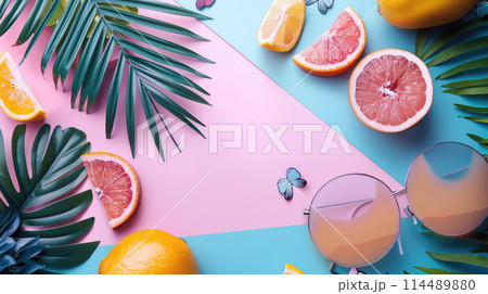 Modern colorful summer background with tropical leaves, sunglasses and grapefruit. Copy space. Top view. Modern colorful summer background with tropical leaves, sunglasses and grapefruit. Copy space. Top view. 114489880