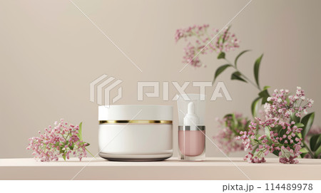 Cosmetic cream jar mockup with sprigs of flowers. Beauty product template in pink pastel colors. Copy space 114489978