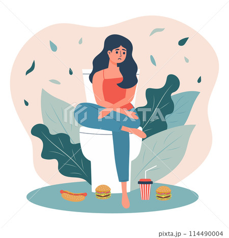 Eating disorder. Girl purge after eating. Sad girl sitting on the toilet, fast food near her. Extreme overeating. Bad habits. Food addiction. Bulimia problem. 114490004