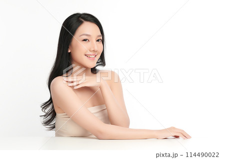 Beautiful young asian woman with clean fresh skin on white background, Face care, Facial treatment, Cosmetology, beauty and spa, Asian women portrait. 114490022