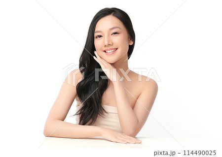 Beautiful young asian woman with clean fresh skin on white background, Face care, Facial treatment, Cosmetology, beauty and spa, Asian women portrait. 114490025