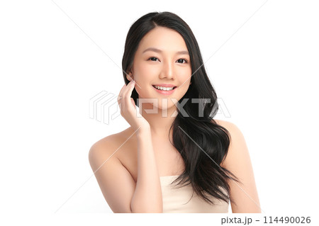Beautiful young asian woman with clean fresh skin on white background, Face care, Facial treatment, Cosmetology, beauty and spa, Asian women portrait. 114490026