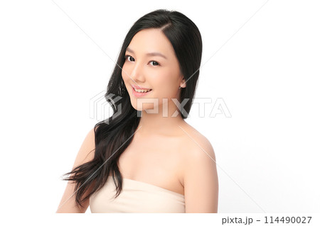 Beautiful young asian woman with clean fresh skin on white background, Face care, Facial treatment, Cosmetology, beauty and spa, Asian women portrait. 114490027