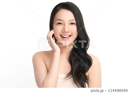 Beautiful young asian woman with clean fresh skin on white background, Face care, Facial treatment, Cosmetology, beauty and spa, Asian women portrait. 114490040