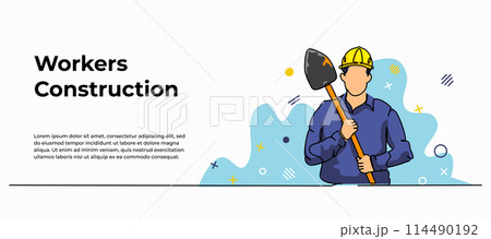 Vector illustration of a young man holding a shovel. Modern flat in continuous line style. 114490192