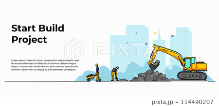Vector illustration of excavator digs the ground. Modern flat in continuous line style. Vector illustration of excavator digs the ground. Modern flat in continuous line style. 114490207