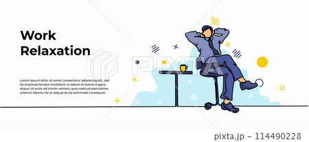 Work Relaxation Web Banner. Vector illustration of a man sitting relaxed with a cup of tea. Modern flat in continuous line style. 114490228