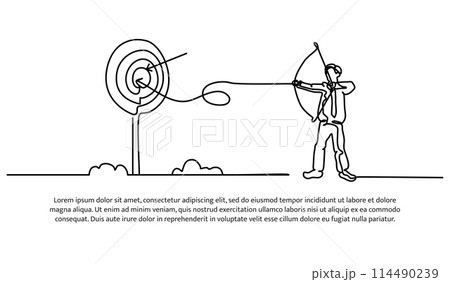 Continuous line design of archery businessman. Opportunity, achievement and leadership design concept. Decorative elements drawn on a white background. 114490239