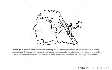 Continuous line design of bringing bulb to brain. New knowledge design concept. Decorative elements drawn on a white background. Continuous line design of bringing bulb to brain. New knowledge design concept. Decorative elements drawn on a white background. 114490243