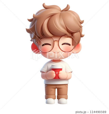 3d boy with red cup of coffee 114490389