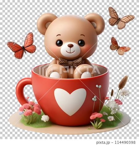 teddy bear in red cup of coffee 114490398