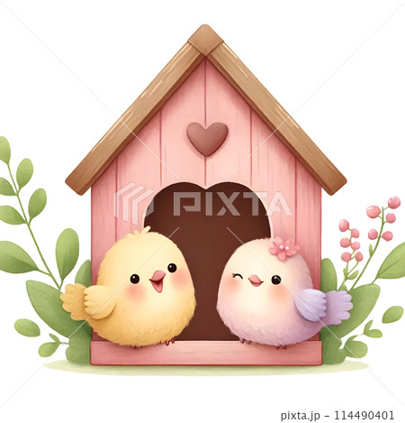 Birdhouse with couple of birds  114490401
