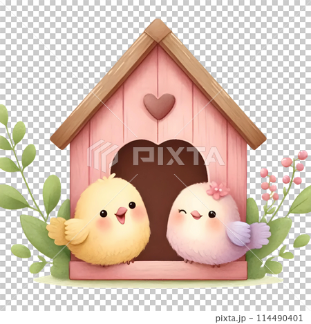 Birdhouse with couple of birds  114490401