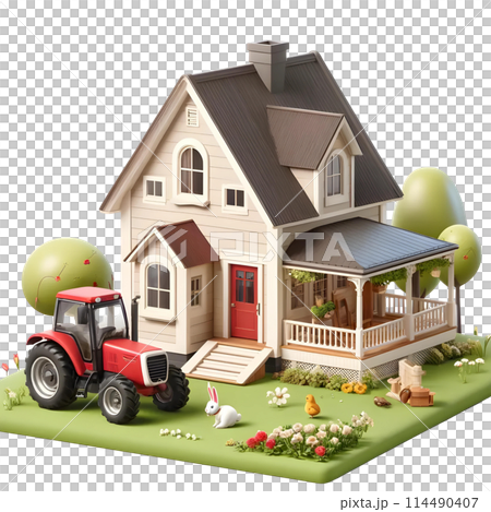 3d farmhouse with tractor 114490407