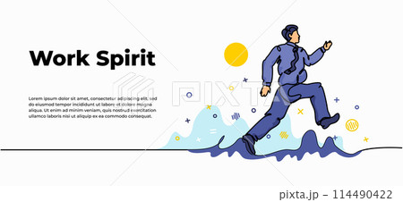 Work spirit web banner. Vector illustration of young man goes to work happily on a sunny morning. Modern flat in continuous line style. 114490422
