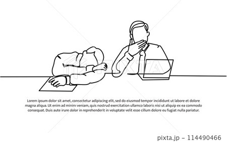 Continuous line design of two male workers limp in front of laptop. Work fatigue design concept. Decorative elements drawn on a white background. Continuous line design of two male workers limp in front of laptop. Work fatigue design concept. Decorative elements drawn on a white background. 114490466