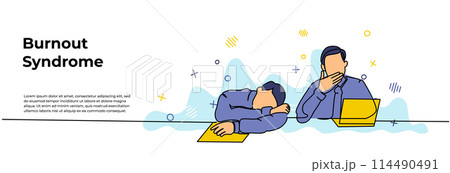 Work Burnout Syndrome Web Banner. Vector illustration of two male workers looking limp at their desks. Modern flat in continuous line style. Work Burnout Syndrome Web Banner. Vector illustration of two male workers looking limp at their desks. Modern flat in continuous line style. 114490491
