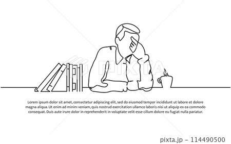 Continuous line design of a man who is sad and suffering from depression. Mental health concept design. Decorative elements drawn on a white background. Continuous line design of a man who is sad and suffering from depression. Mental health concept design. Decorative elements drawn on a white background. 114490500