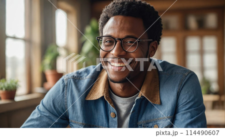 Portrait of a happy smiling young African American mature man wearing glasses 114490607